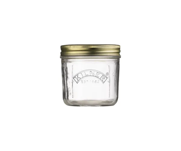 Kilner wide mouth preserve jar, 200ml, in clear glass with a gold lid
