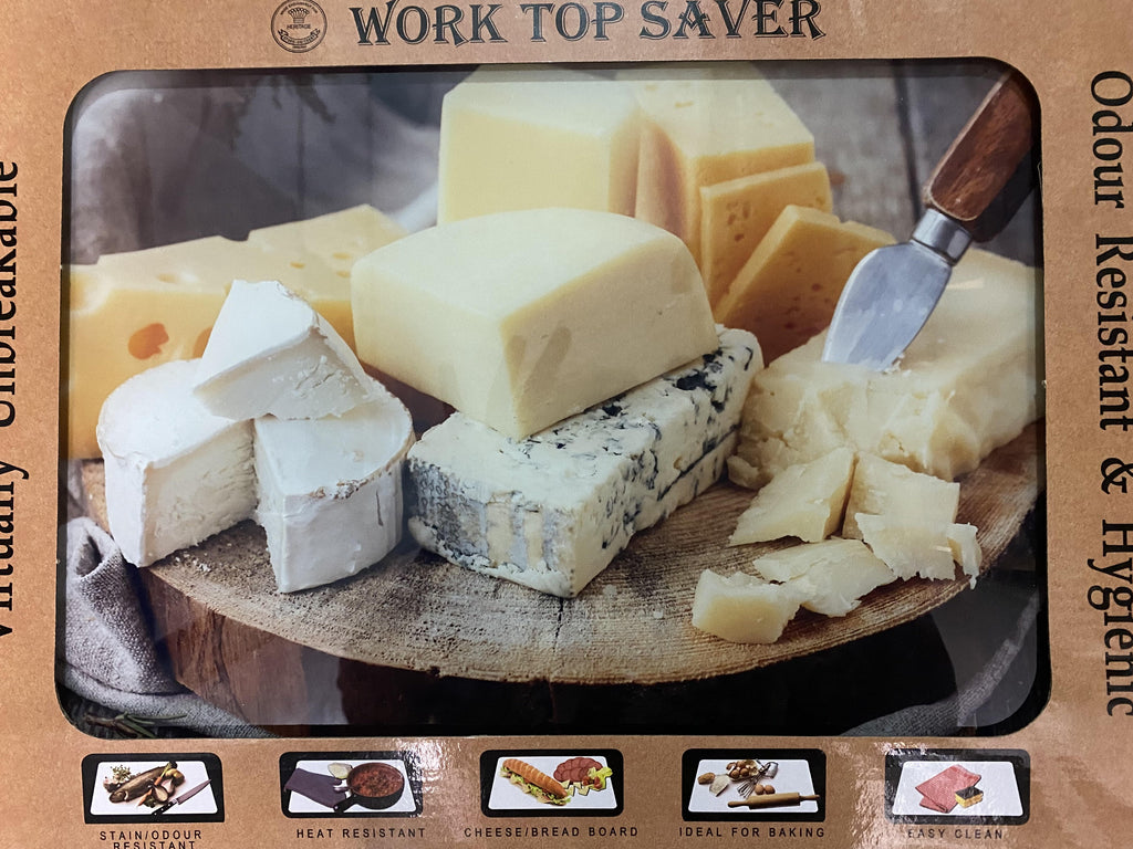 Heritage worktop saver in its retail box, printed with a photo of cheeses on a board