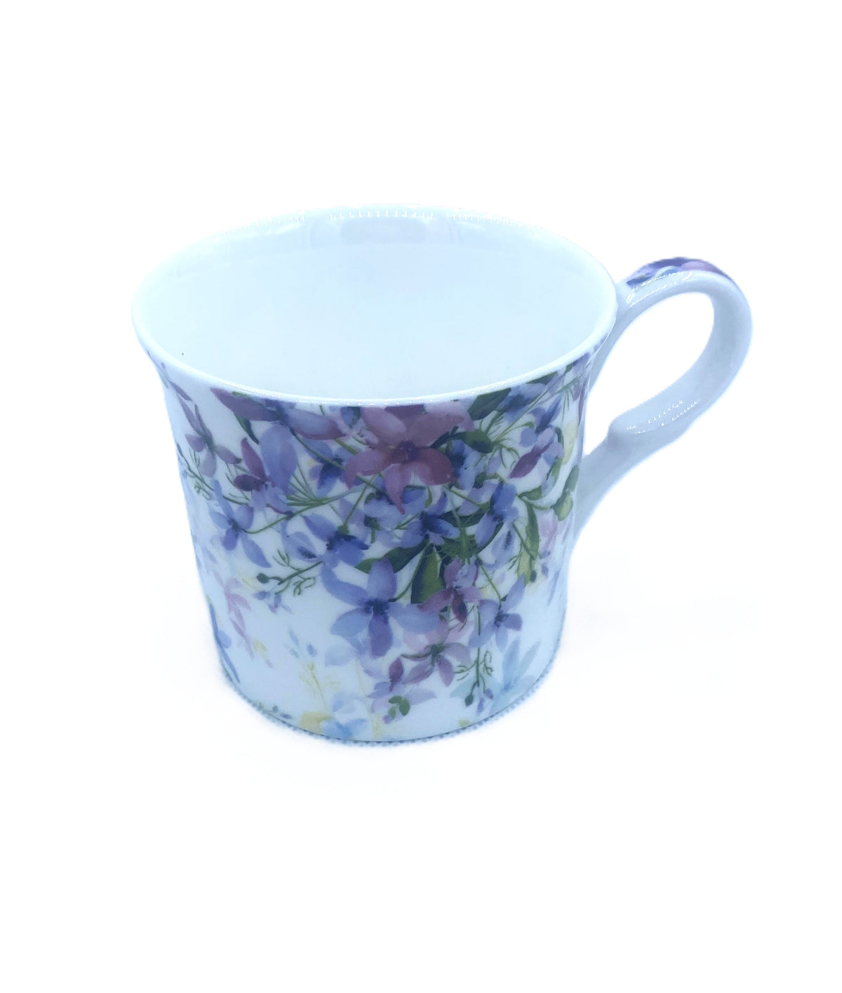 Heritage Palace mug in bone china with a Malvern pattern of blue and purple flowers