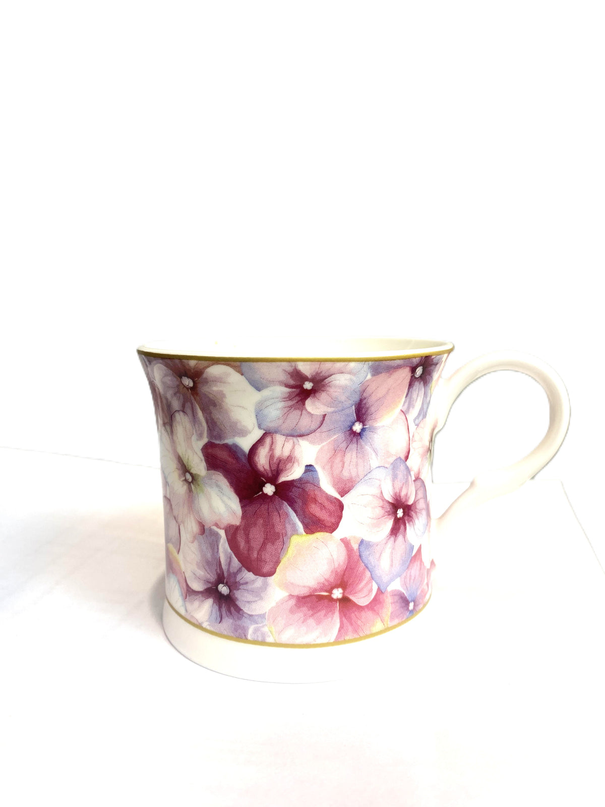 Heritage Palace mug in bone china with a pink and purple floral pattern and a gold rim