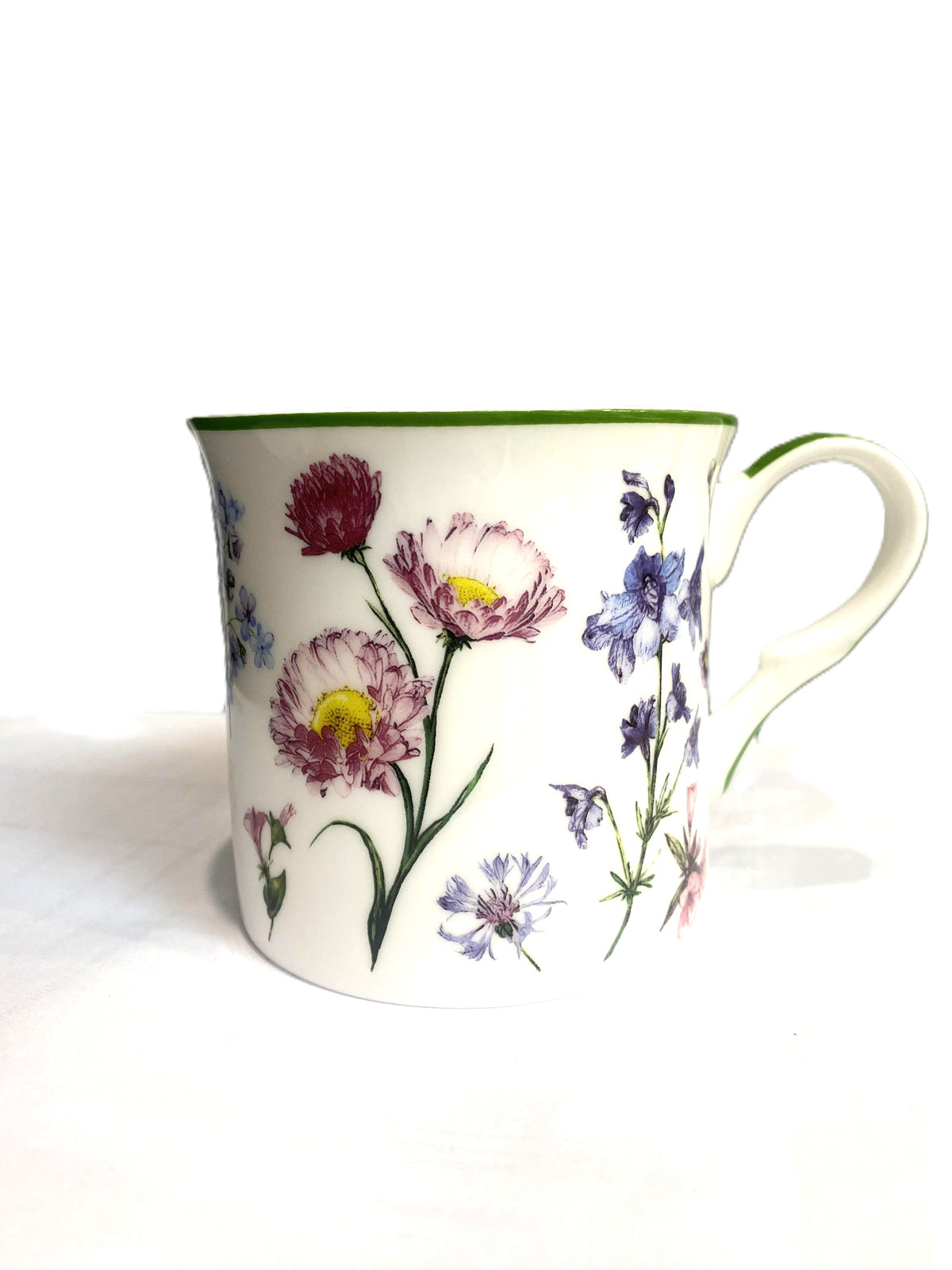 Heritage Princess mug in bone china with a Meadowtime design of pink daisies and blue cornflowers