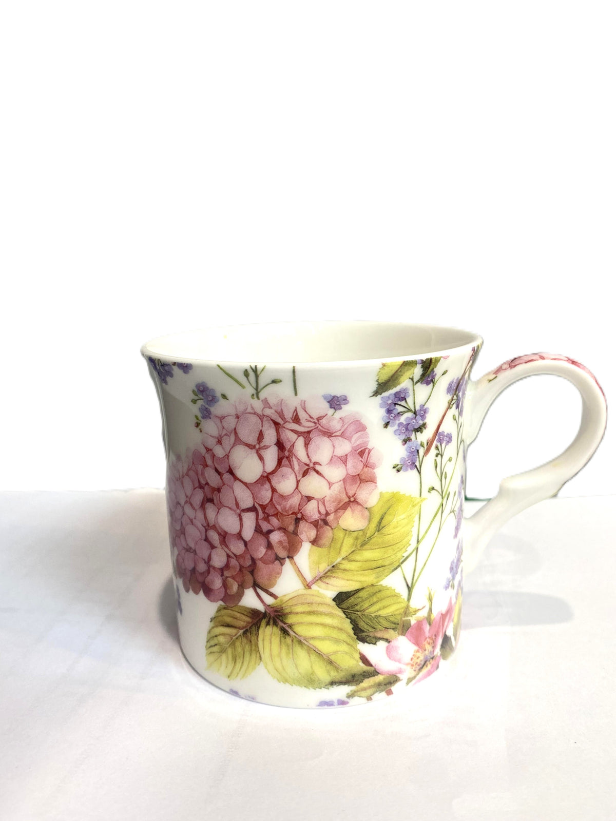 Heritage Princess mug in bone china with a Midsummer pattern of pink hydrangeas and wild flowers