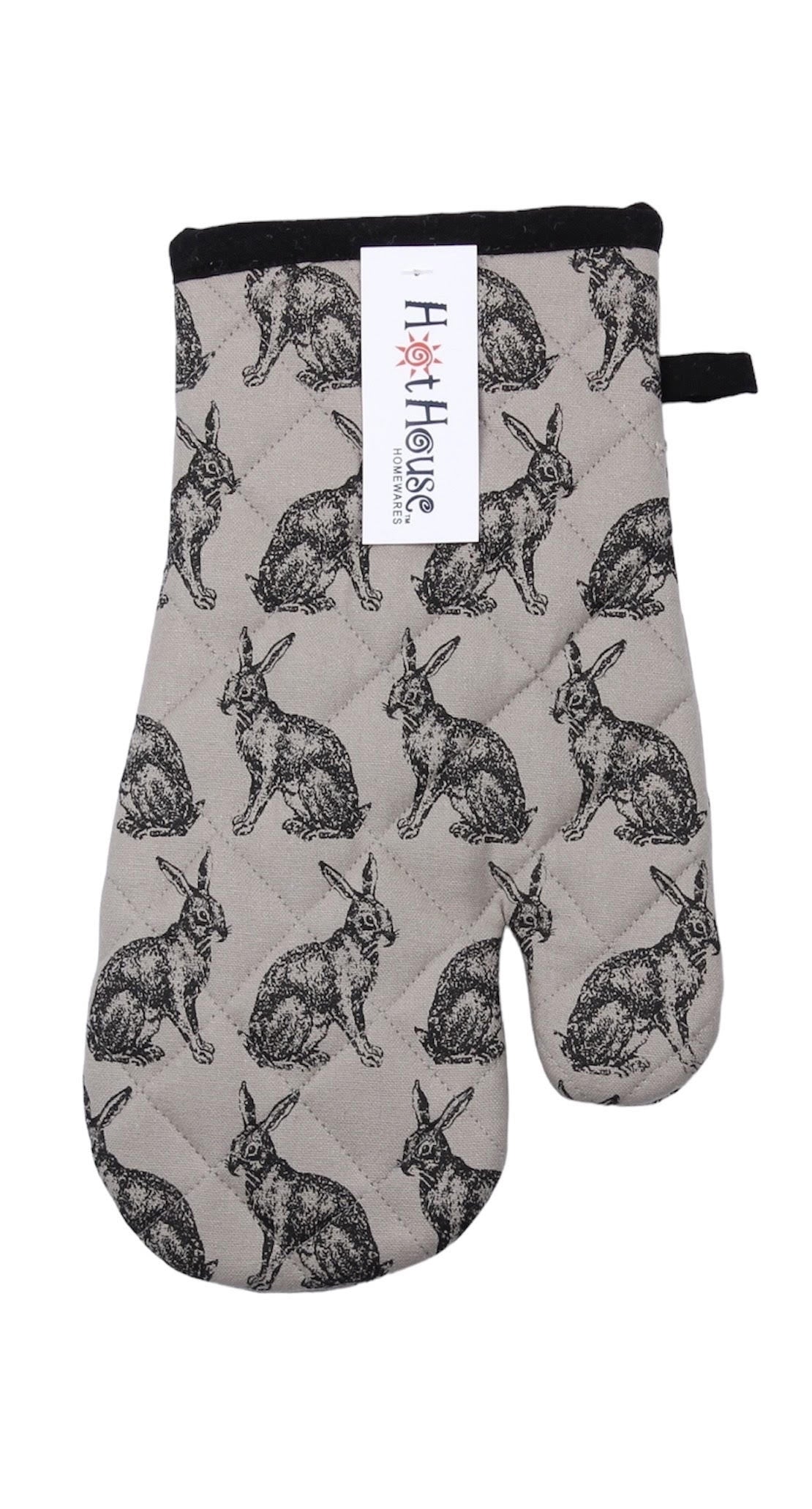 HotHouse hare oven glove in grey with a black and white print of hares and black binding