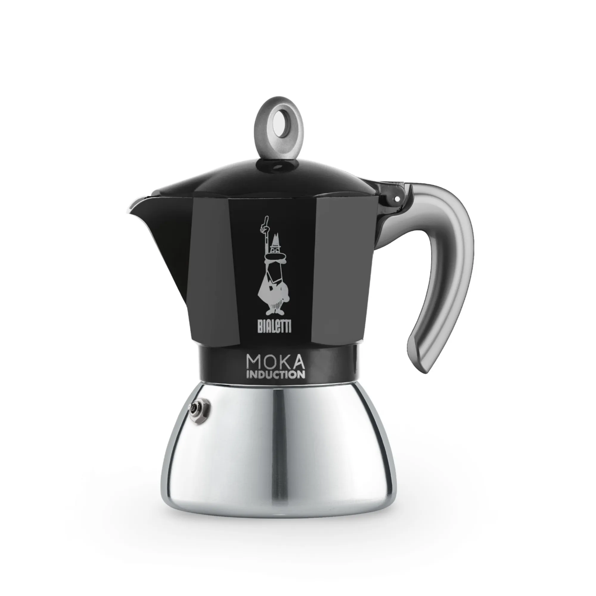 Bialetti Moka Induction Bi Layer 6 cup in black and steel with a grey handle