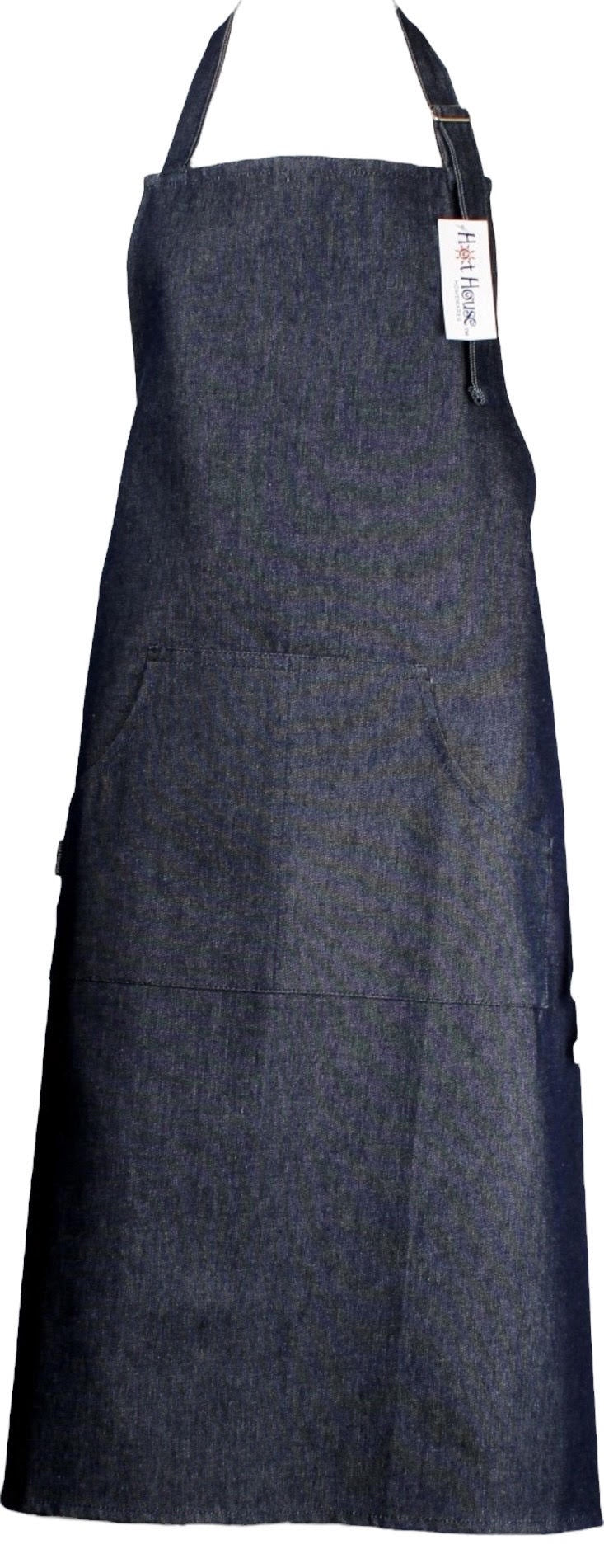 HotHouse denim apron in navy with a front pocket and neck and waist ties