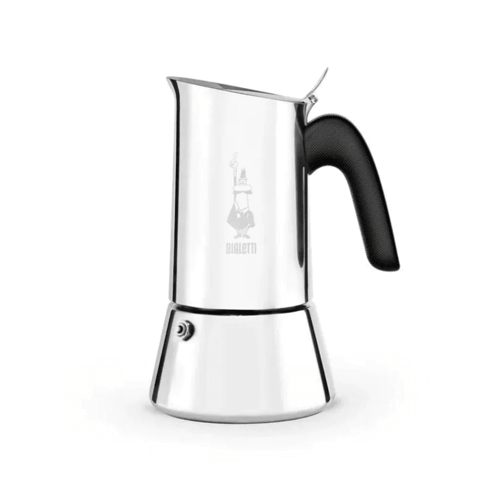 Bialetti Venus Induction stovetop espresso maker, 10 cup, in polished stainless steel with a black handle