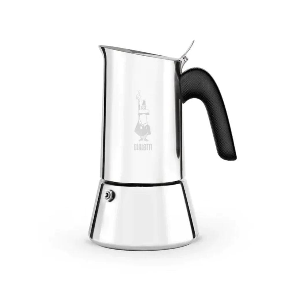 Bialetti Venus 6 cup induction stovetop coffee maker in polished stainless steel with a black handle