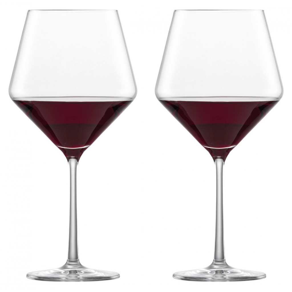 Schott Zwiesel Pure Burgundy glasses, a pair filled with red wine