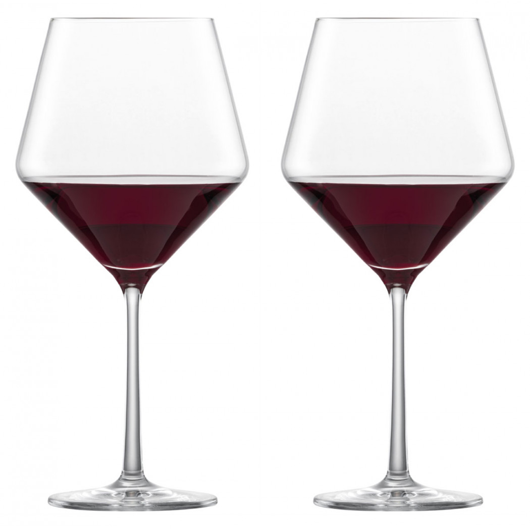 Schott Zwiesel Pure Burgundy glasses, a pair filled with red wine