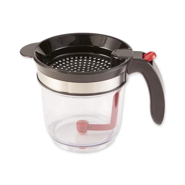 RSVP fat separator jug with a clear body, a black strainer top and a pouring spout
