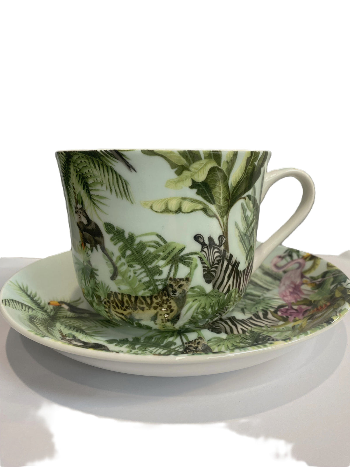Heritage breakfast cup and saucer with a Tropical Safari design of zebras and jungle leaves