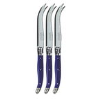 Andre Verdier Laguiole cheese knives with blue handles and forked tips, shown as a set of three