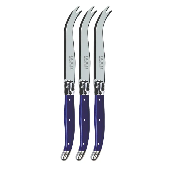 Andre Verdier Laguiole cheese knives with blue handles and forked tips, shown as a set of three