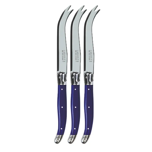 Andre Verdier Laguiole cheese knives with blue handles and forked tips, shown as a set of three