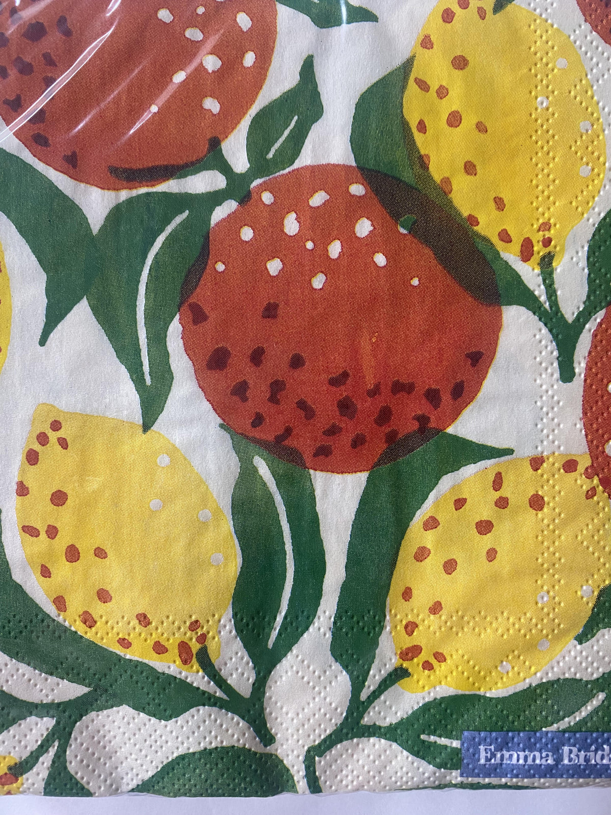 IHR luncheon napkin with an Emma Bridgewater oranges and lemons print with green leaves