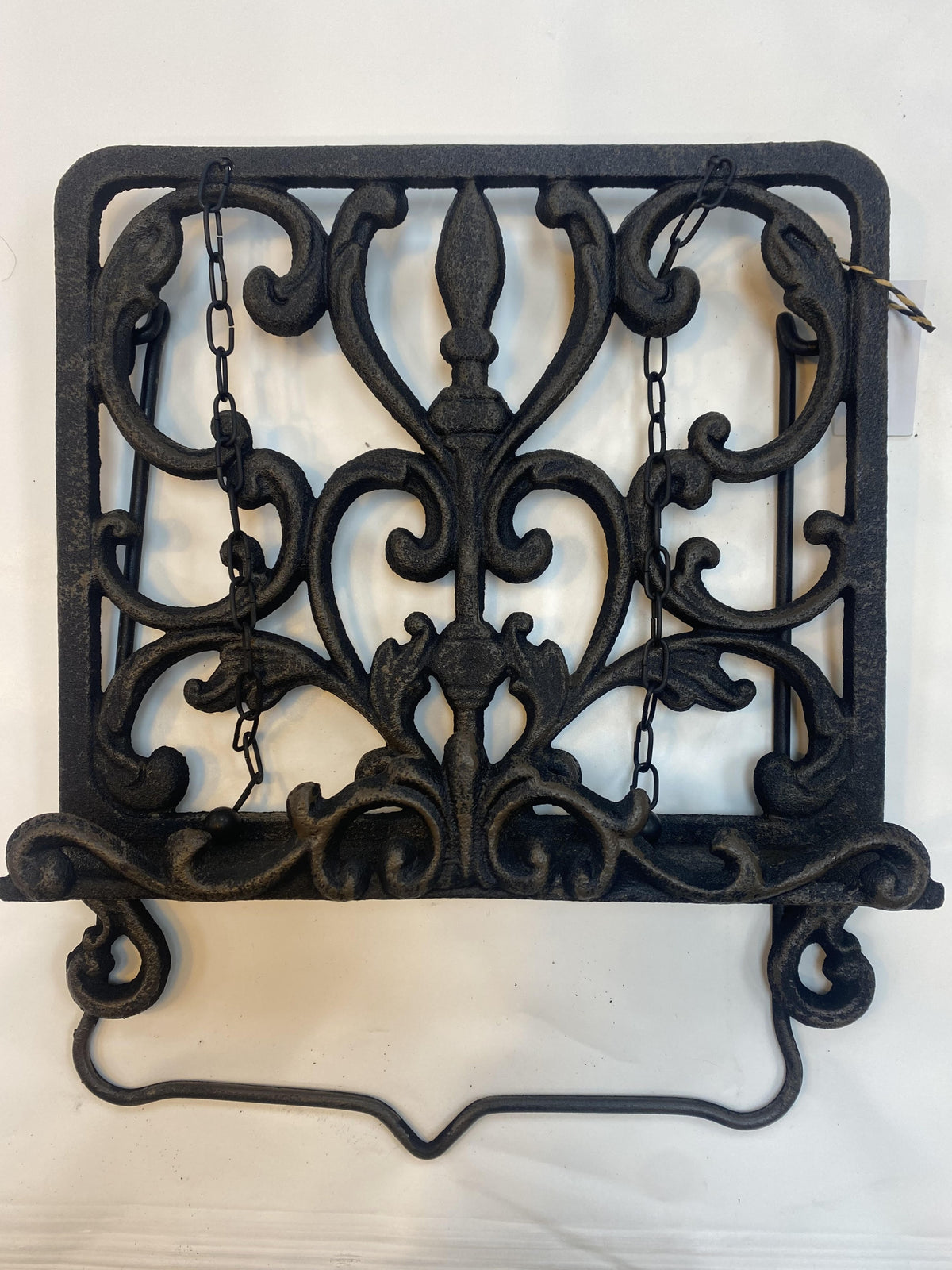 r.a.burt recipe book holder in black cast iron with a scrolled design, 30x30cm
