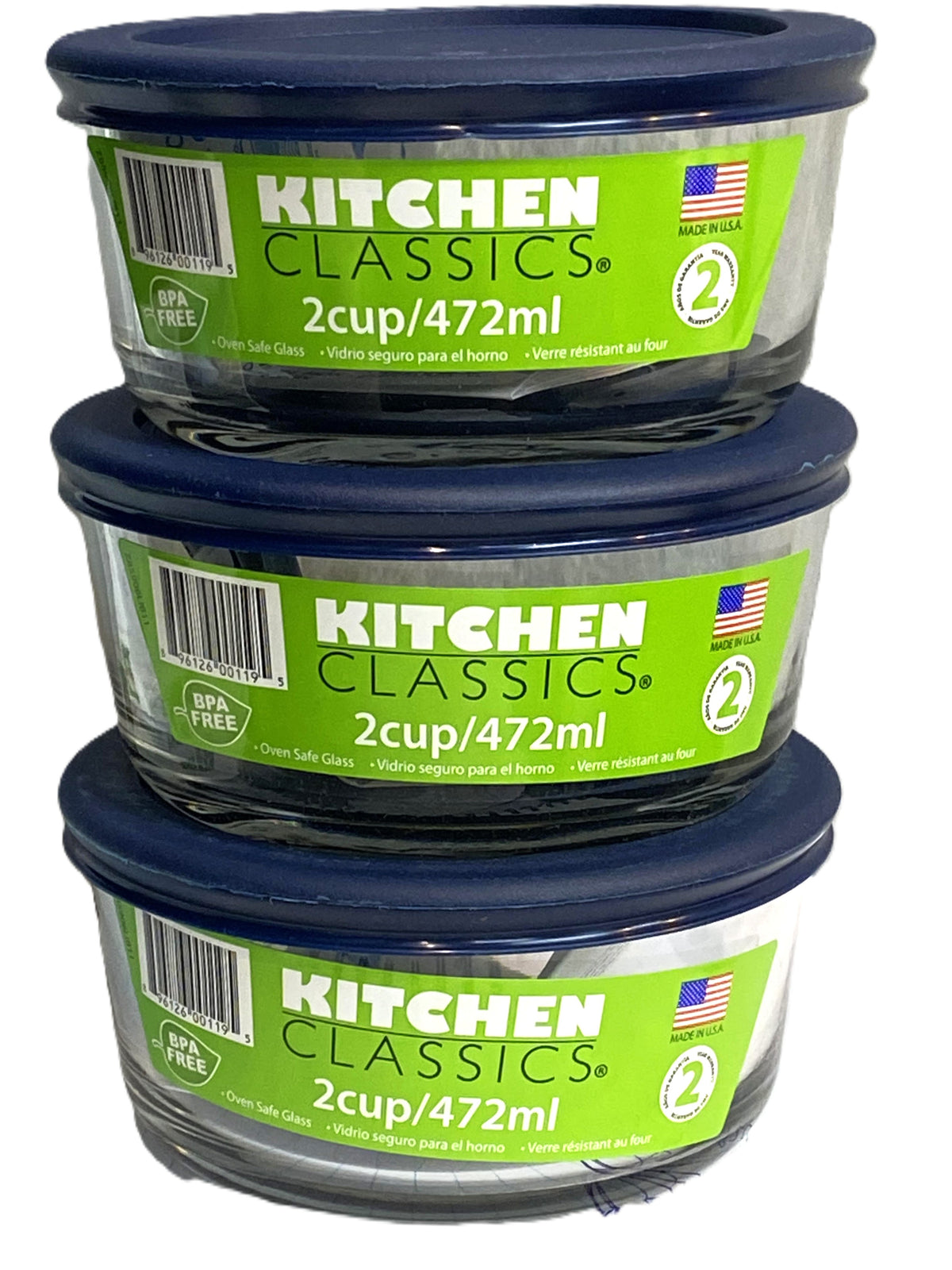 Kitchen Classics round glass containers with blue lids, 2 cup/472ml, a stack of three