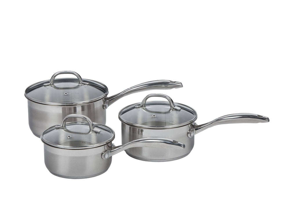 Swiss Diamond Premium Steel three piece saucepan set in stainless steel with glass lids