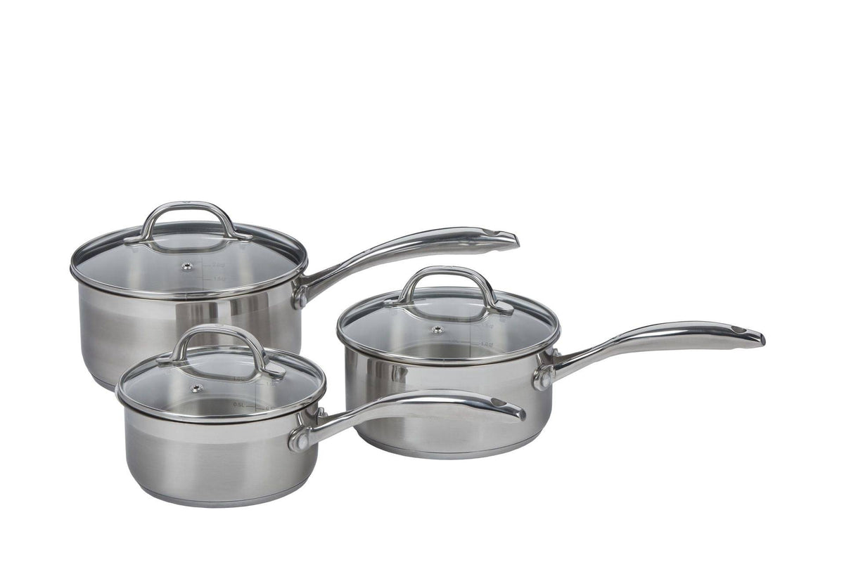 Swiss Diamond Premium Steel three piece saucepan set in stainless steel with glass lids