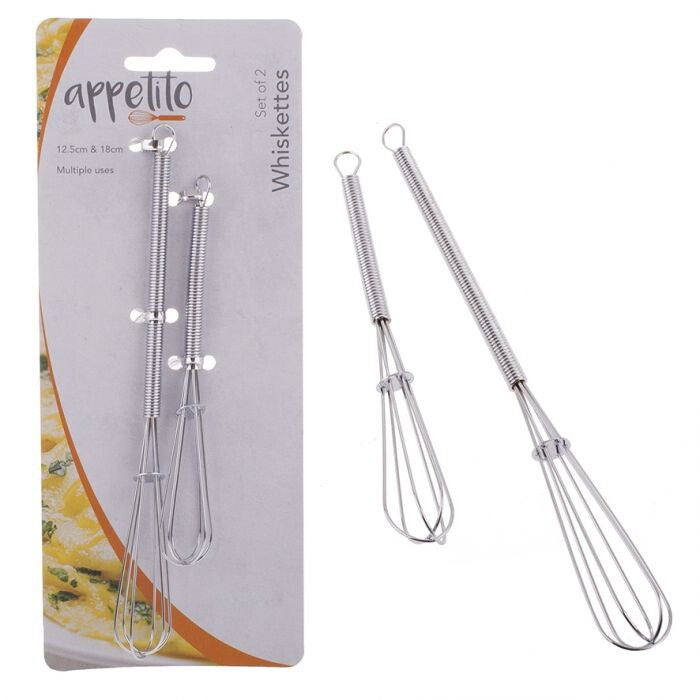 Appetito Whiskettes Set of two mini spring whisks in different sizes, shown with their retail card