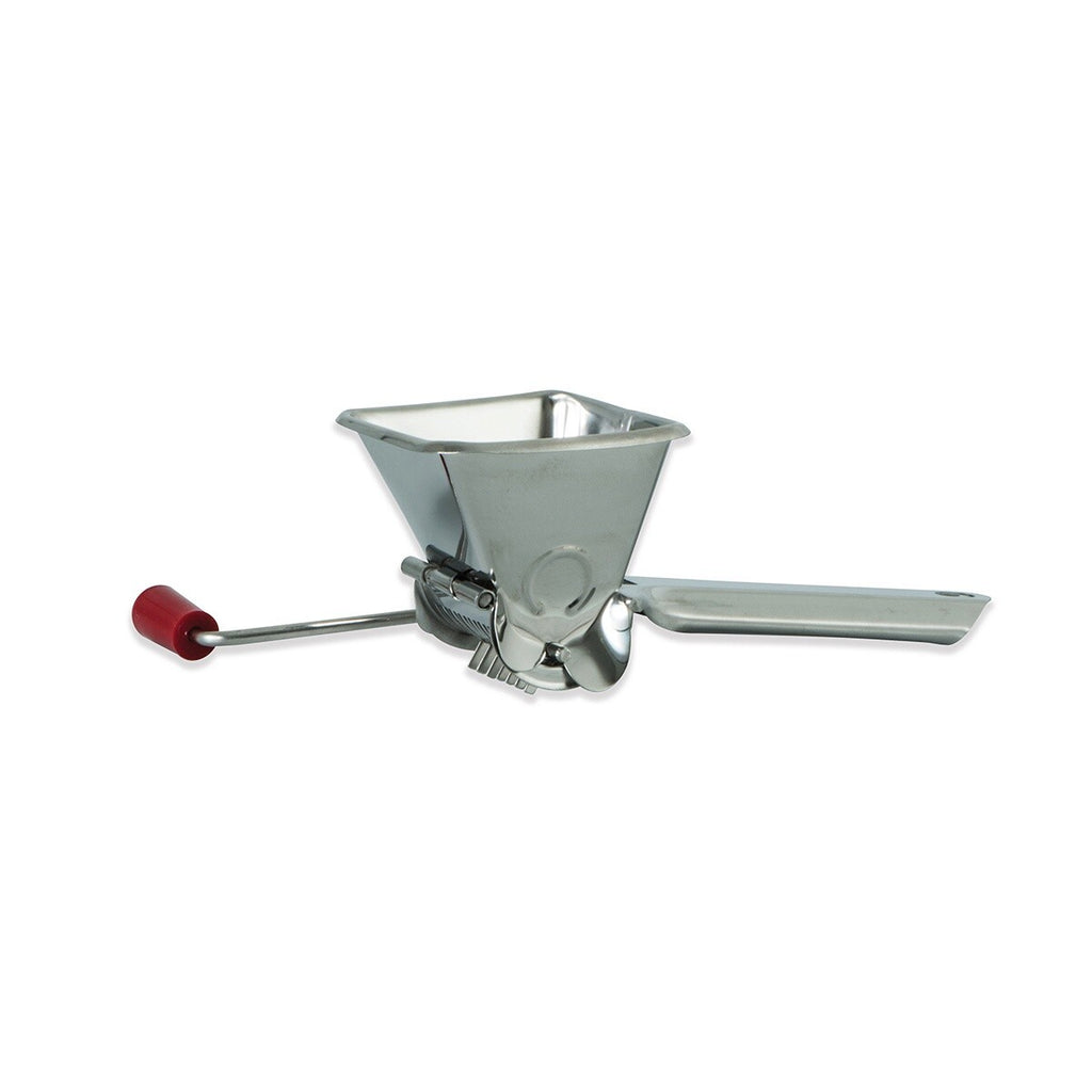 Avanti stainless steel hand-crank herb mill with a red handle and a hopper