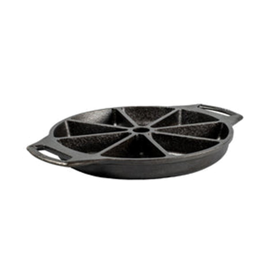 Lodge wedge pan in black cast iron with eight triangular sections and handles