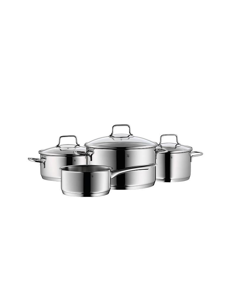 WMF Astoria cookware set, four stainless steel pots with glass lids, nested together