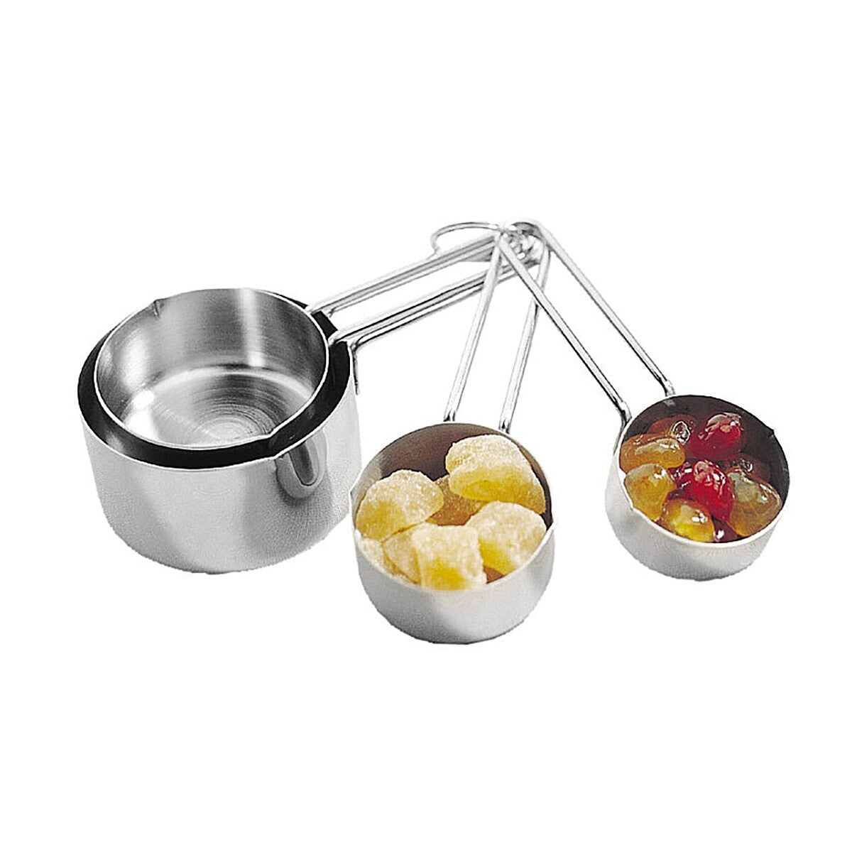 Avanti professional measuring cups, a nested set of four stainless steel cups with long handles, two holding sweets
